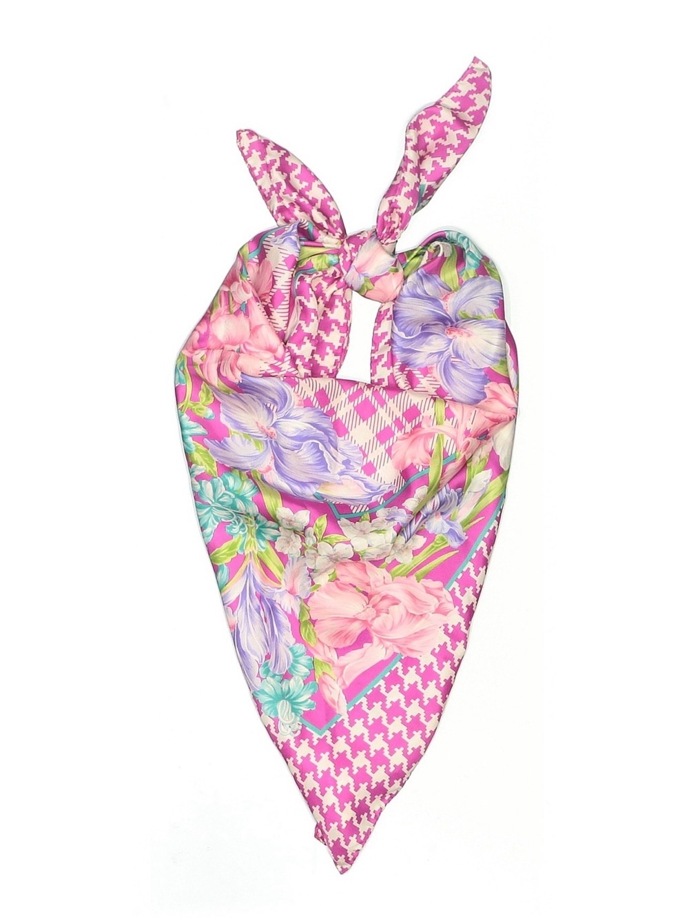 VALENTINO 100% Silk Pink Houndstooth Floral Scarf VGUC